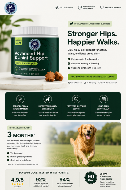 Teemdrop Advanced Hip and Joint Support for pets, showing soft chews with labels, designed to promote joint health and mobility.