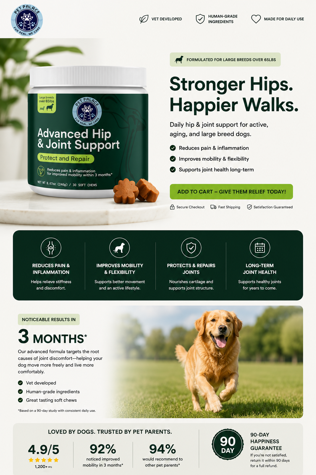 Teemdrop Advanced Hip and Joint Support for pets, showing soft chews with labels, designed to promote joint health and mobility.