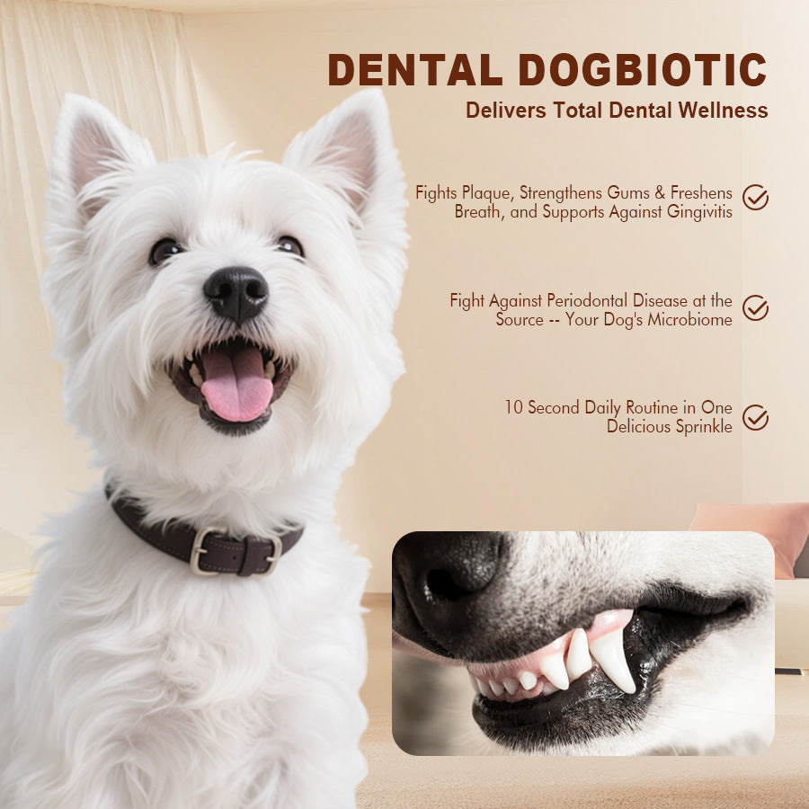 Teemdrop PowerPuppy Probiotic Oral Health+ pet care supplement for dogs, showing the packaging and product container.