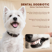 Teemdrop PowerPuppy Probiotic Oral Health+ pet care supplement for dogs, showing the packaging and product container.