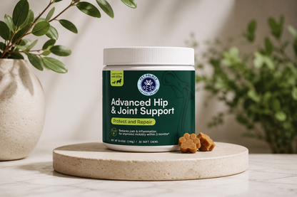 Teemdrop advanced hip and joint support supplement for pets, showing the supplement bottle with a focus on the label.